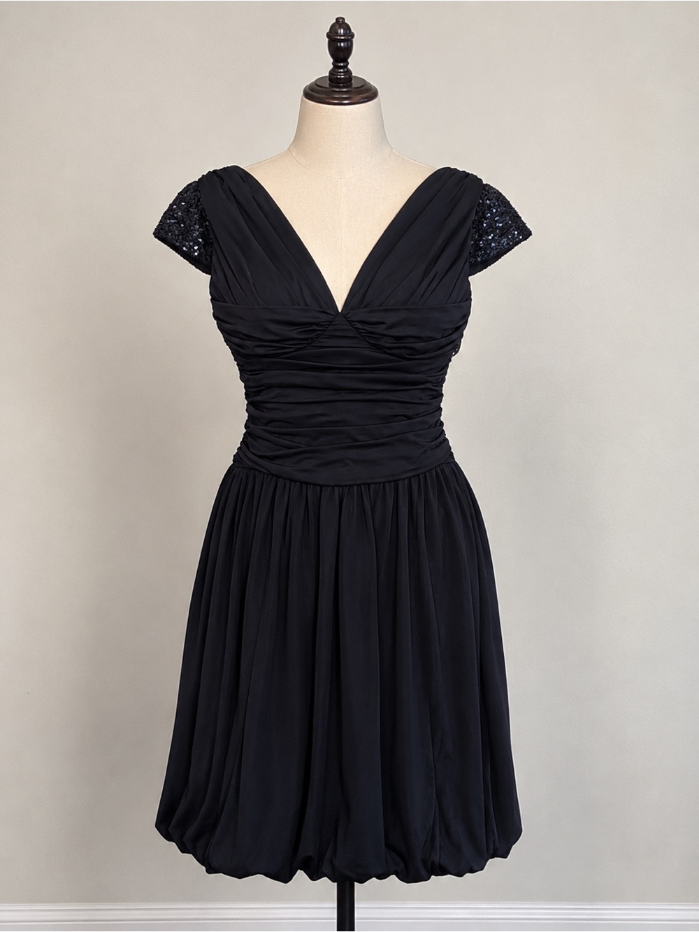 Vera Wang Black Ruched V-Neck Bubble Hem Dress with Sequined Caps